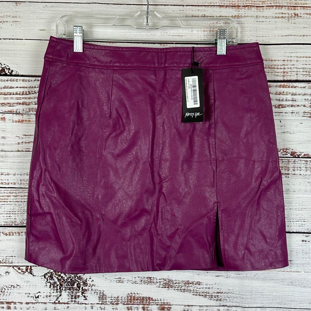 NWT Nasty Gal Faux Leather Mini Skirt Berry Purple Split Hem Club Womens Size 8